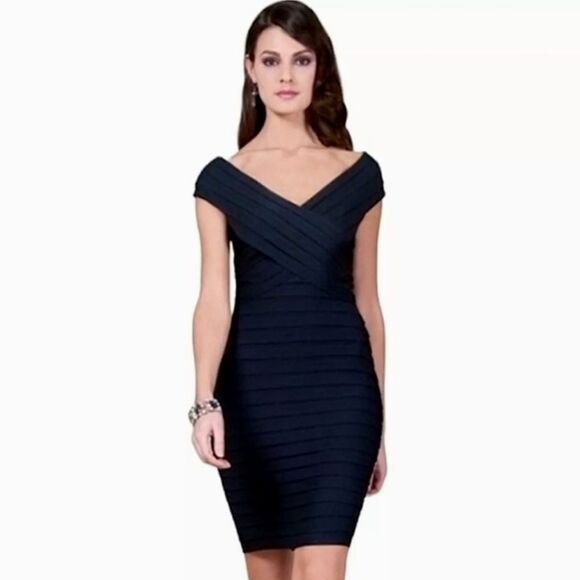 Tadashi Shoji Criss-Cross Layered Tiered Sheath Evening Gown Dress in Black M - Picture 1 of 7